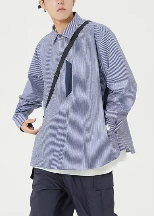 Blue Striped Pockets Cotton Shirts Peter Pan Collar Spring