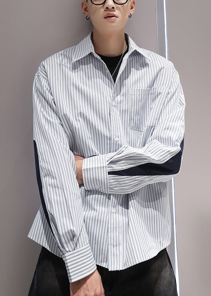 Blue Striped Pockets Patchwork Cotton Shirts Peter Pan Collar Spring