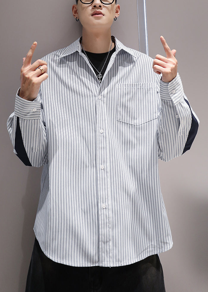 Blue Striped Pockets Patchwork Cotton Shirts Peter Pan Collar Spring