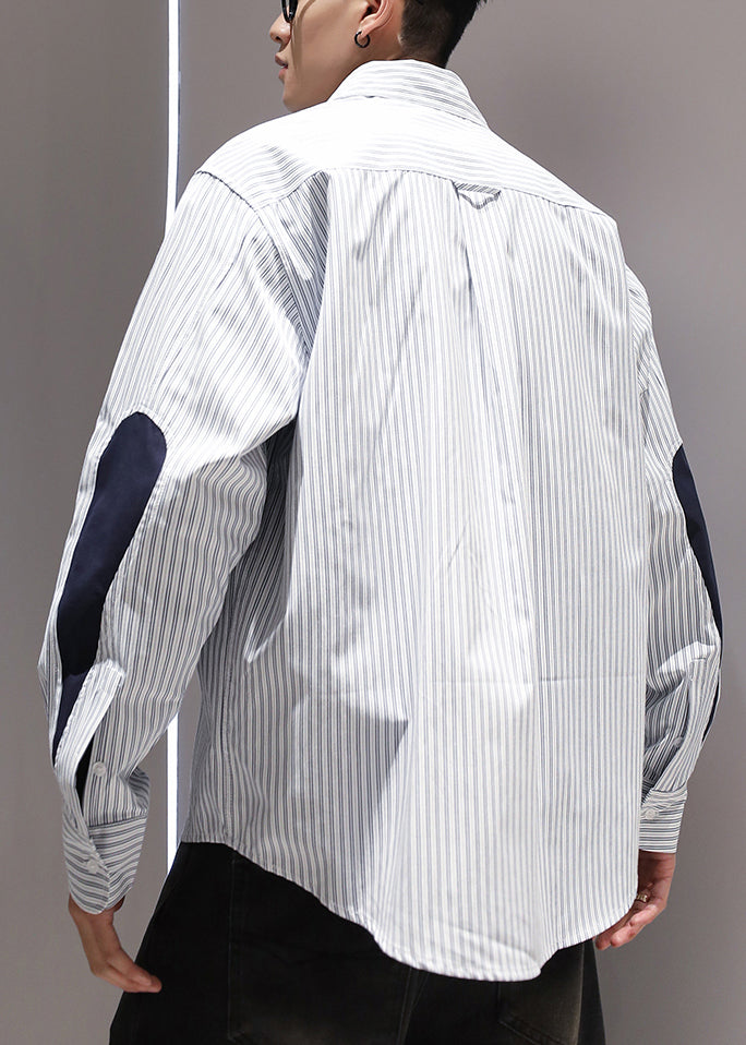 Blue Striped Pockets Patchwork Cotton Shirts Peter Pan Collar Spring