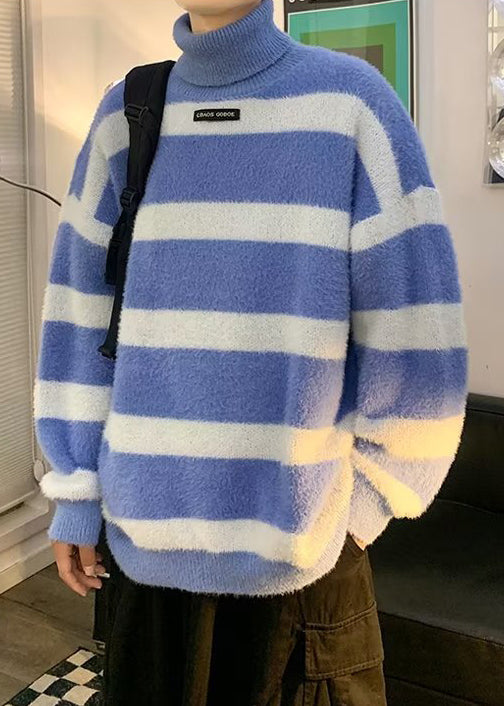 Blue Striped Thick Cozy Mink Hair Knitted Sweater Turtleneck