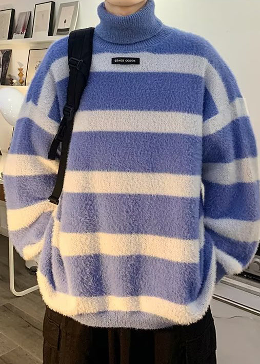 Blue Striped Thick Cozy Mink Hair Knitted Sweater Turtleneck