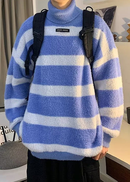 Blue Striped Thick Cozy Mink Hair Knitted Sweater Turtleneck