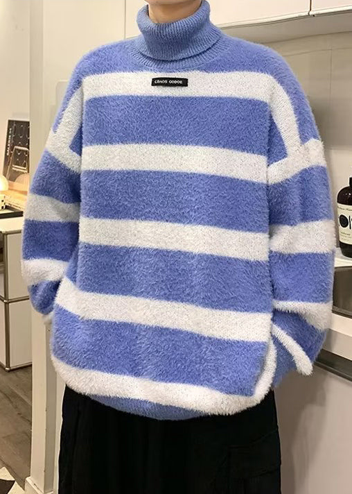 Blue Striped Thick Cozy Mink Hair Knitted Sweater Turtleneck