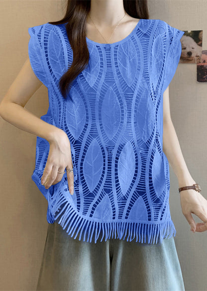Blue Tasseled Cotton Tank O-neck Summer