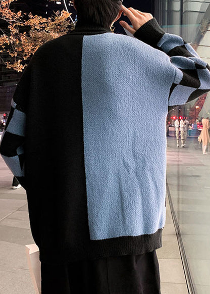 Blue Thick Patchwork Knit Sweaters Turtleneck Winter