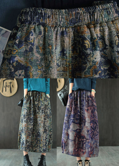 Blue Tie Dye Linen a Line Skirts Elastic Waist Pockets Summer