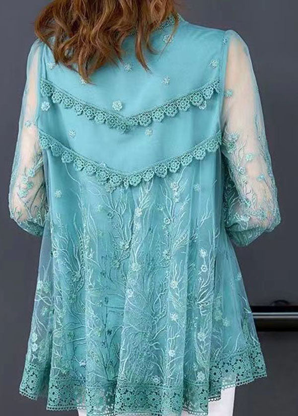 Blue Tulle a Line Top Embroideried Hollow Out Summer