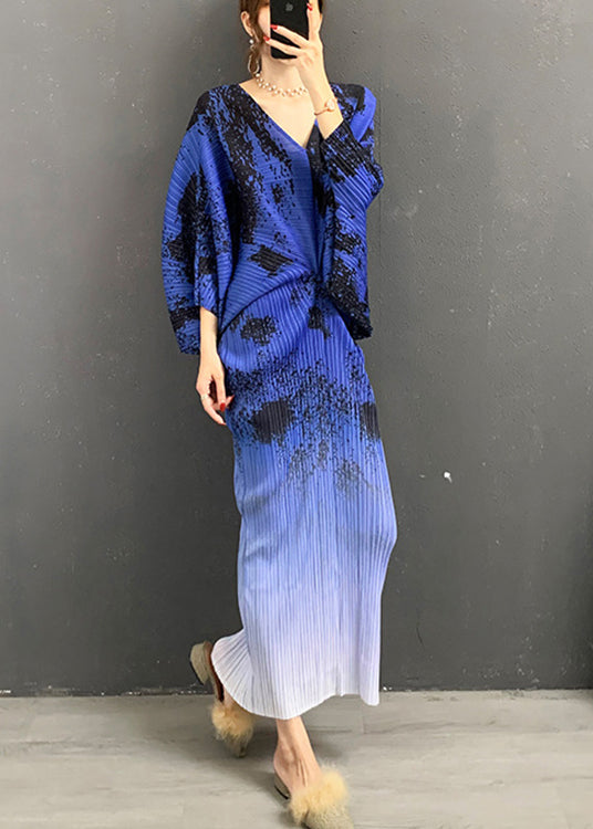 Blue V Neck Print Gradient Color Silk Dress Long Sleeve