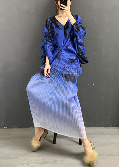 Blue V Neck Print Gradient Color Silk Dress Long Sleeve