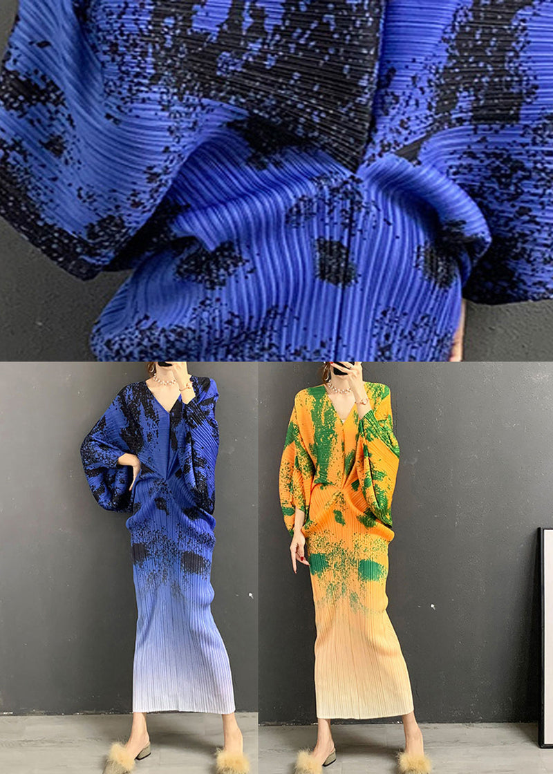 Blue V Neck Print Gradient Color Silk Dress Long Sleeve