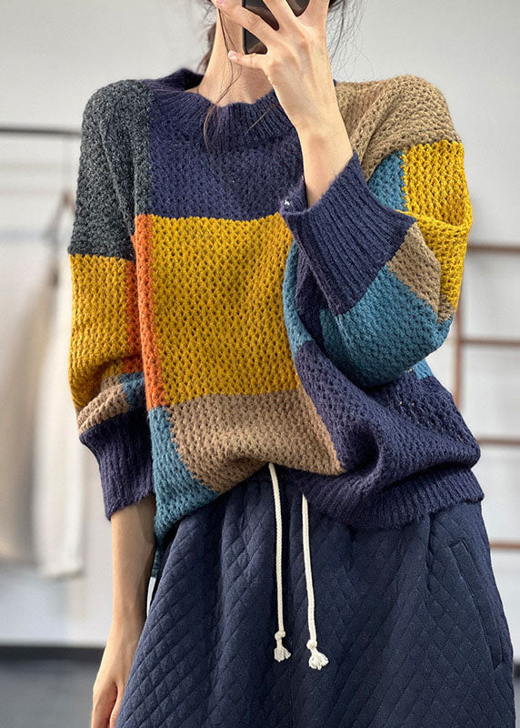 Blue Warm Patchwork Knitted Tops O-neck Oversized Winter