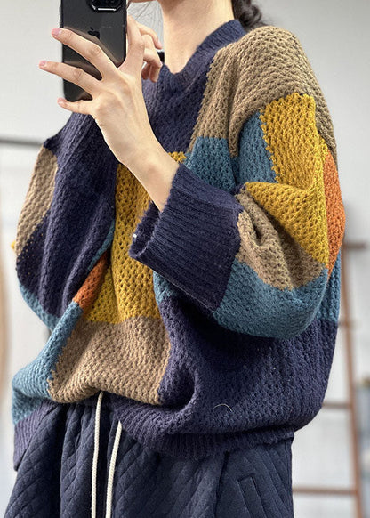 Blue Warm Patchwork Knitted Tops O-neck Oversized Winter