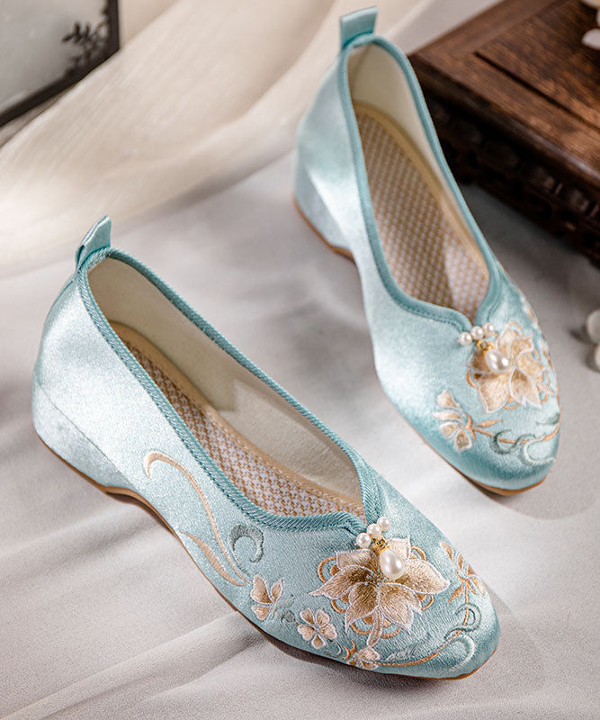 Blue Wedge Heels Satin Splicing Nail Bead Embroidery