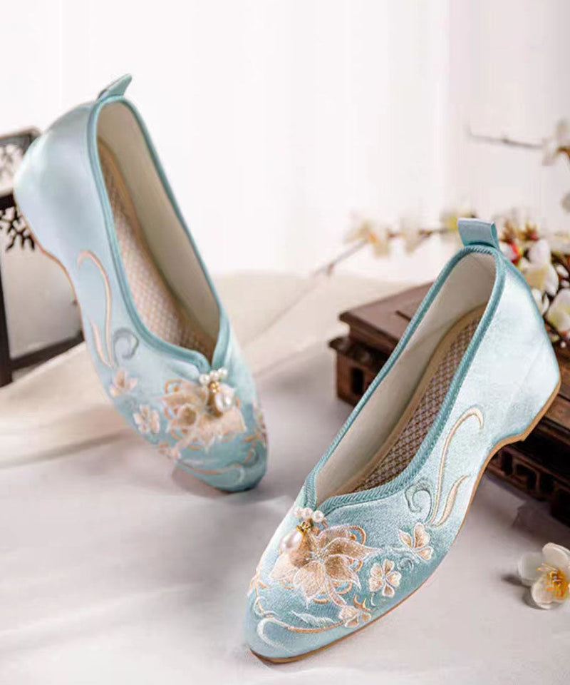 Blue Wedge Heels Satin Splicing Nail Bead Embroidery