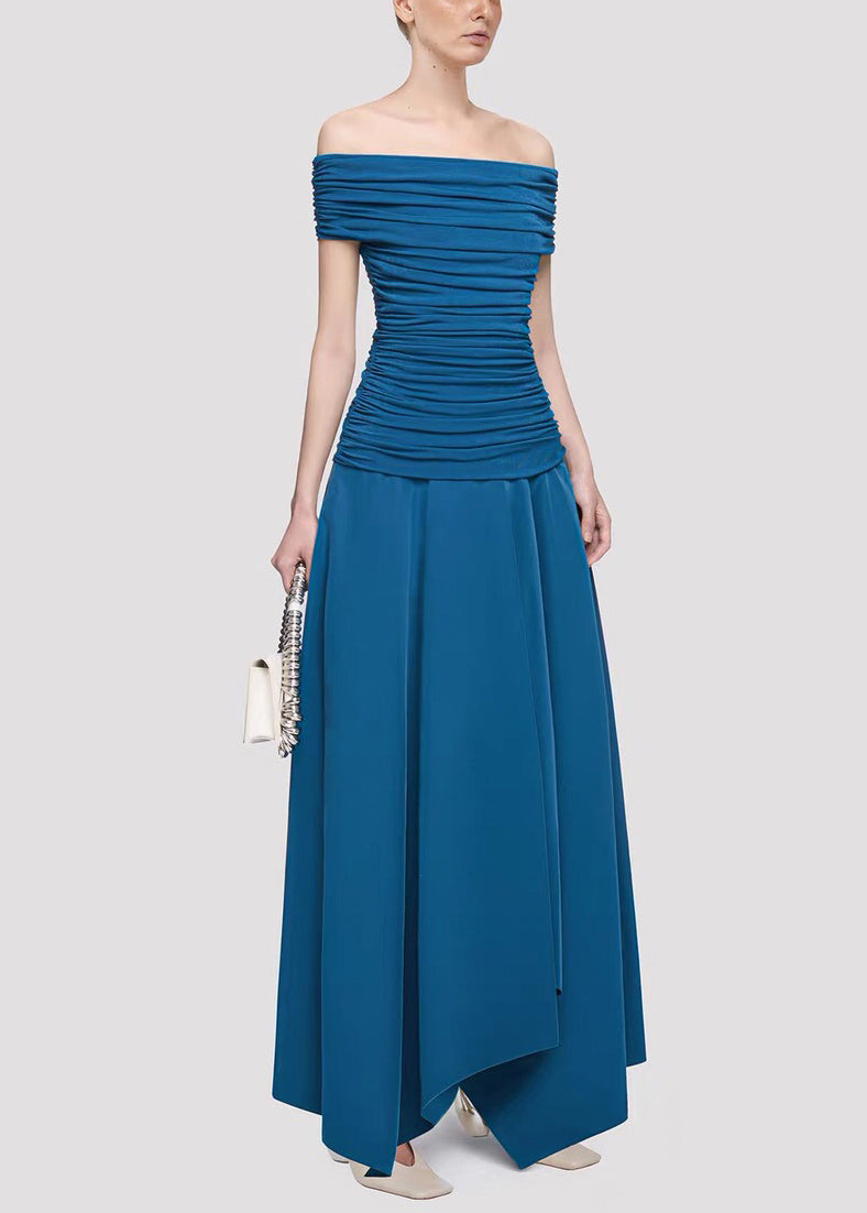 Blue Wrinkled Cotton Knit Summer Long Dresses Slash Neck