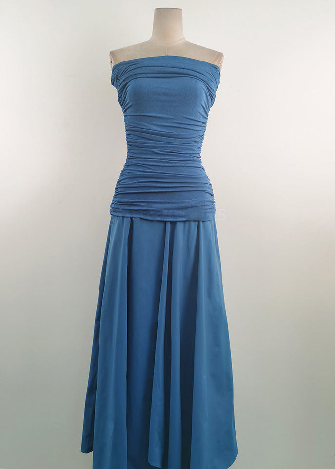 Blue Wrinkled Cotton Knit Summer Long Dresses Slash Neck