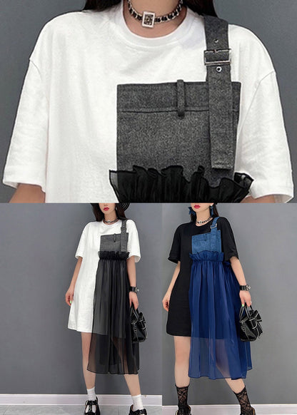 Blue Asymmetrical Denim Tulle Patchwork Dresses Short Sleeve