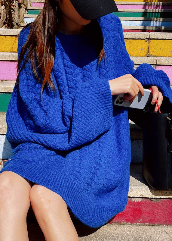 Blue Chunky Oversized Knit Sweater Dress Winter