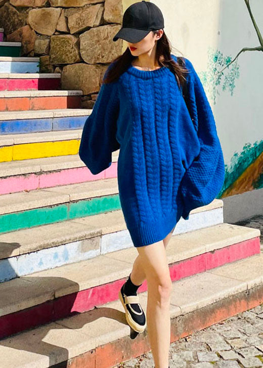 Blue Chunky Oversized Knit Sweater Dress Winter
