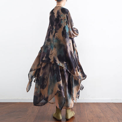 Blue Silk Dresses Baggy Maxi Dresses Caftan Gown Two Pieces Asymmetrical Design