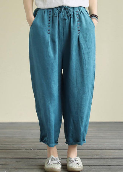 Blue Loose Lace Hemp Cropped Pants