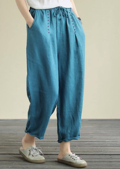 Blue Loose Lace Hemp Cropped Pants