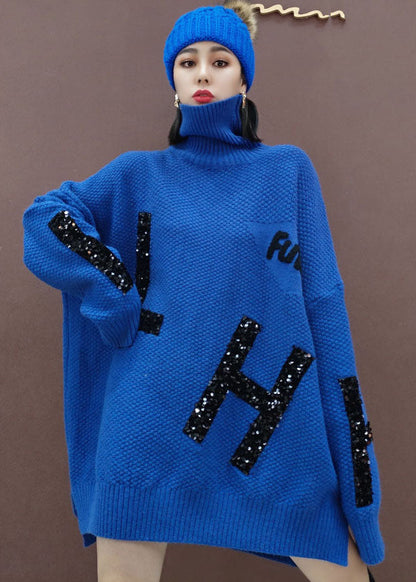 Blue Low High Design Knitwear Dress Sequins Winter