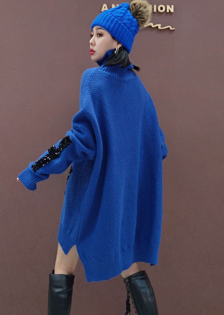 Blue Low High Design Knitwear Dress Sequins Winter