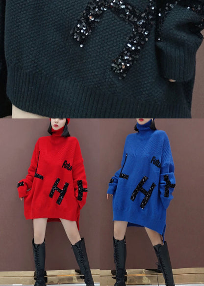 Blue Low High Design Knitwear Dress Sequins Winter