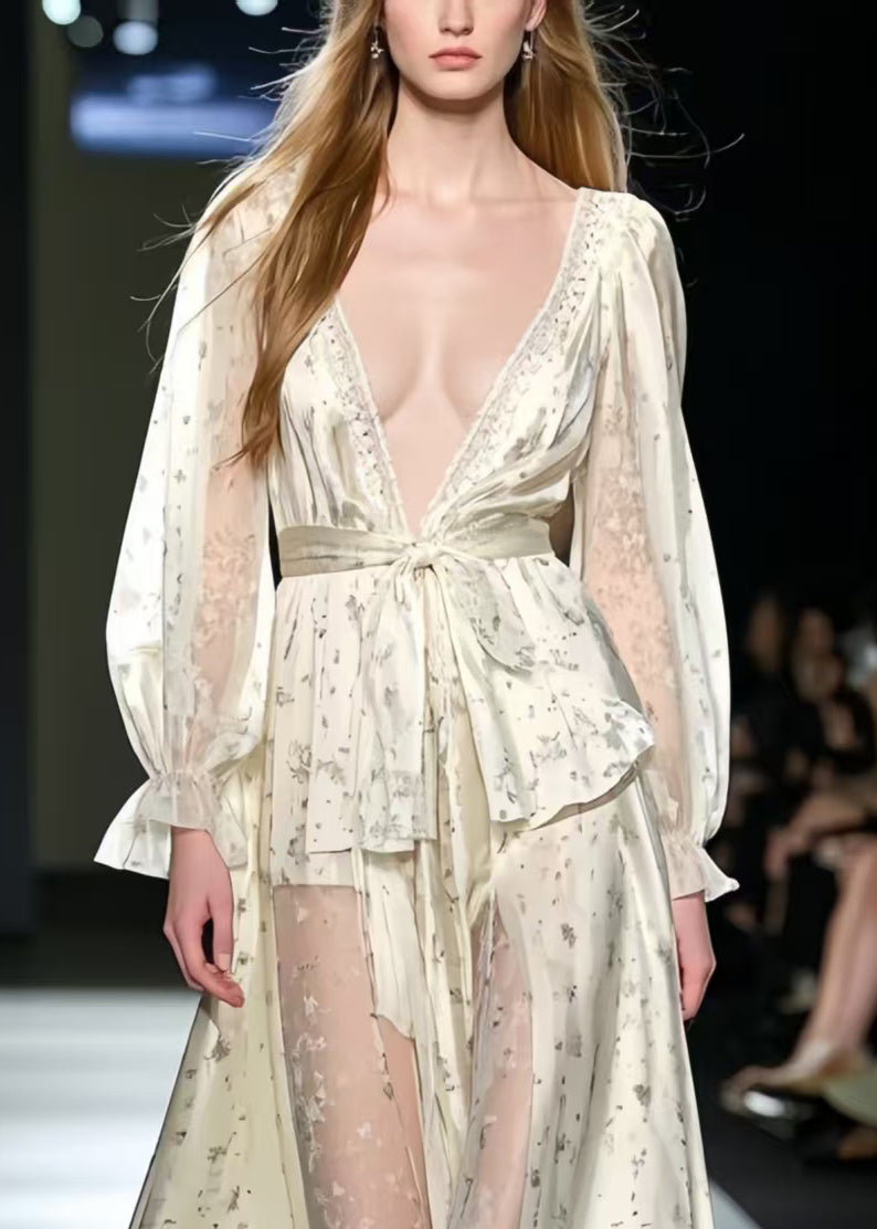 Apricot Deep-v Print Silk Holiday Dress Summer