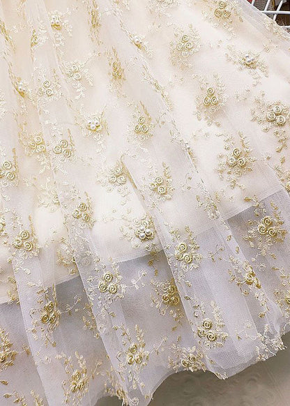 Apricot Elastic Waist Embroideried Nail Bead Tulle Skirts Summer
