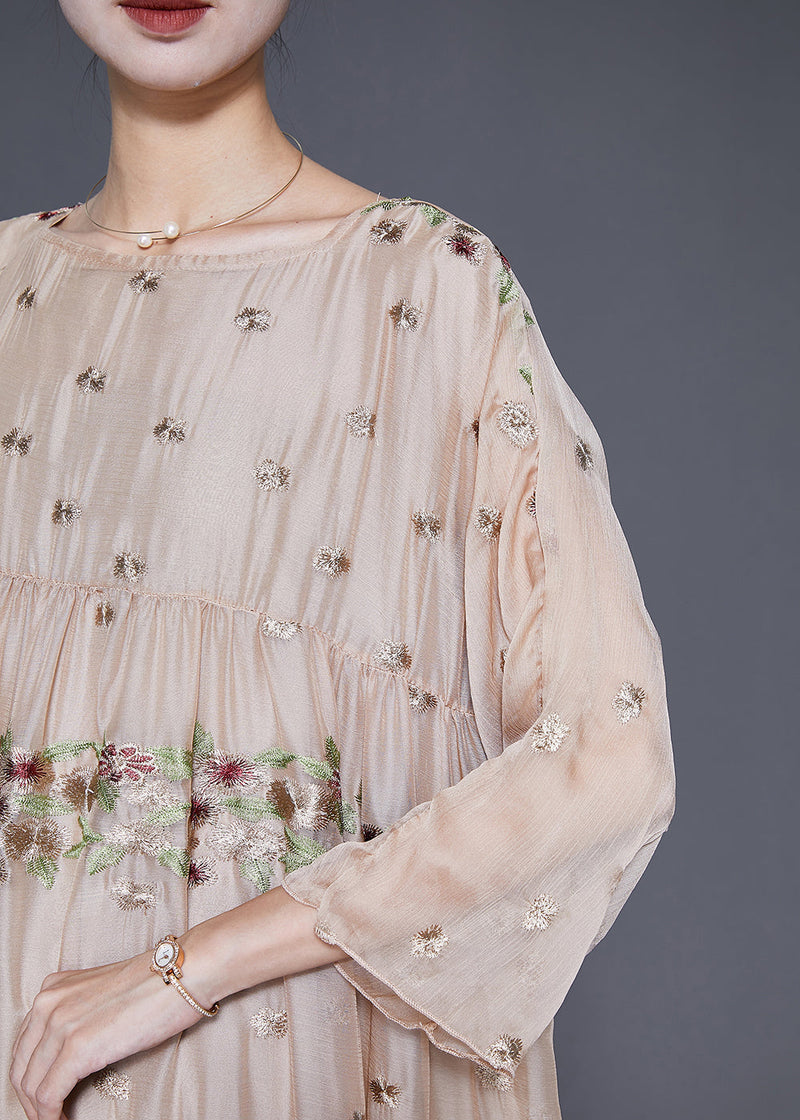 Apricot Embroideried Oversized Silk Maxi Dresses Fall