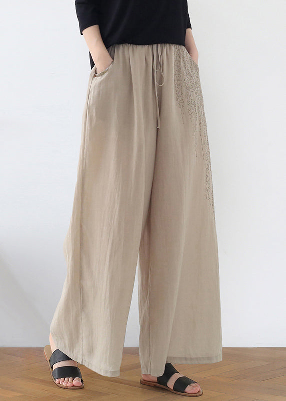 Apricot Embroideried Pockets Linen Wide Leg Pants Fall