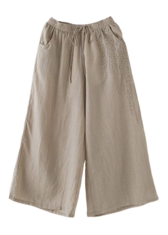 Apricot Embroideried Pockets Linen Wide Leg Pants Fall