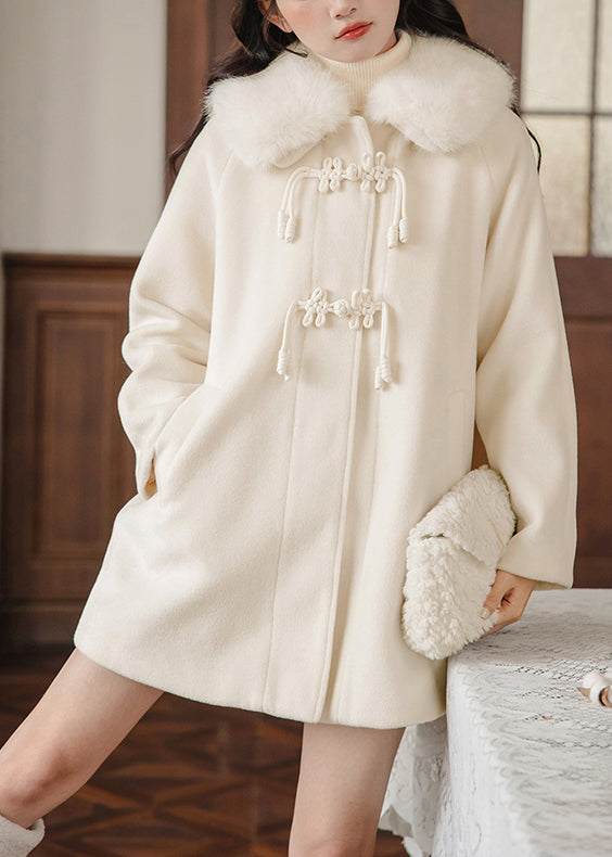 Apricot Fur Collar Chinese Button Woolen Trench Winter