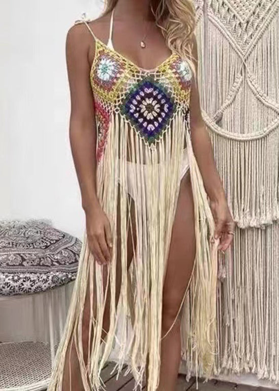 Apricot Hollow Out Long Tassel Spaghetti Strap Summer