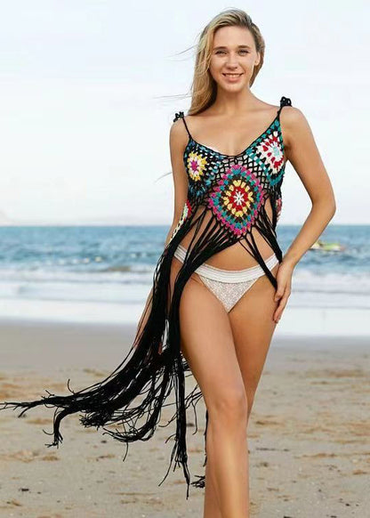 Apricot Hollow Out Long Tassel Spaghetti Strap Summer