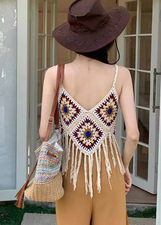 Apricot Hollow Out Tasseled Strap Tank Summer