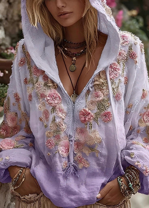 Bohemian Apricot Hooded Print Cotton Sweatshirt Spring