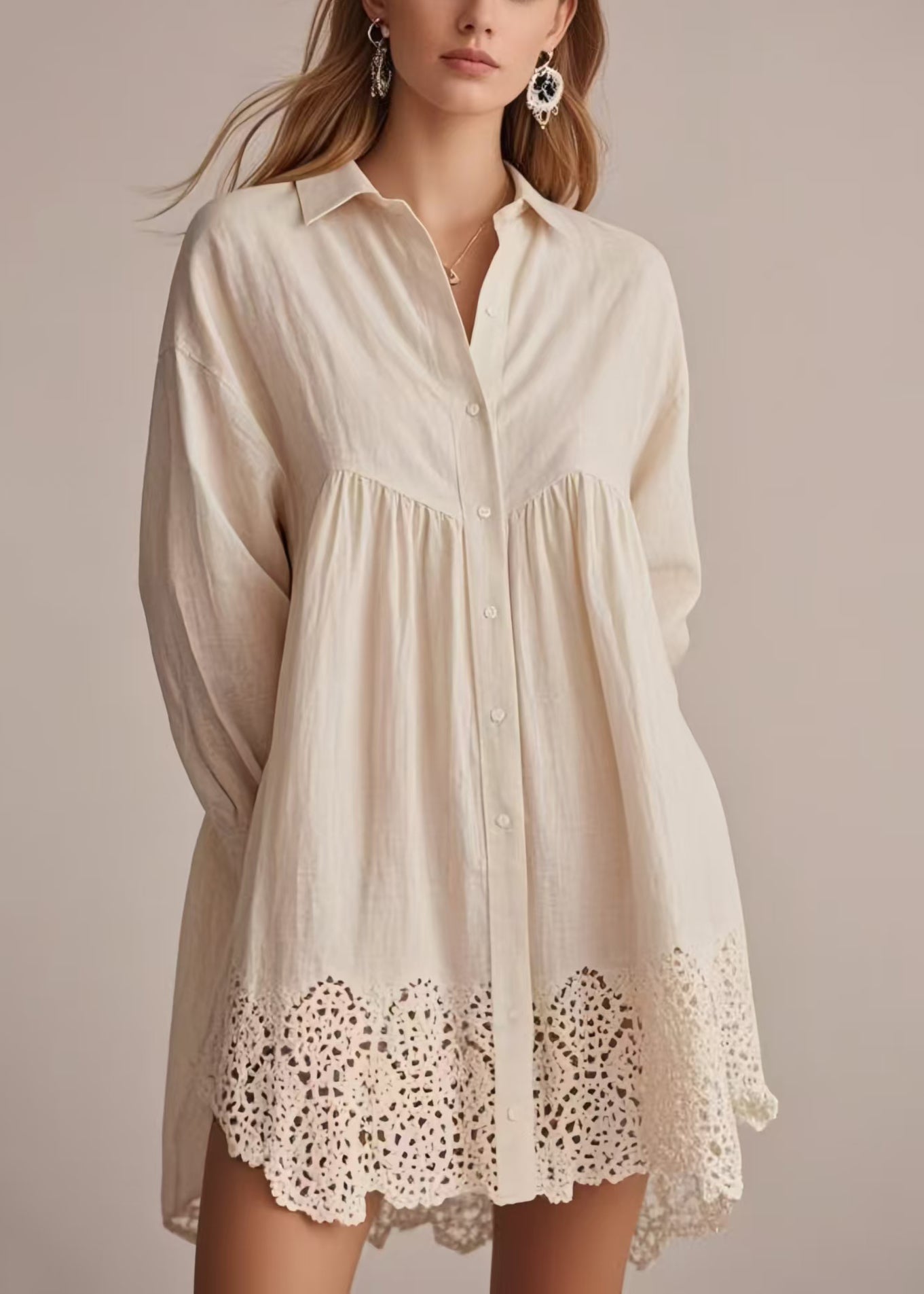 Bohemian Apricot Oversized Hollow Out Cotton Long Shirts Spring