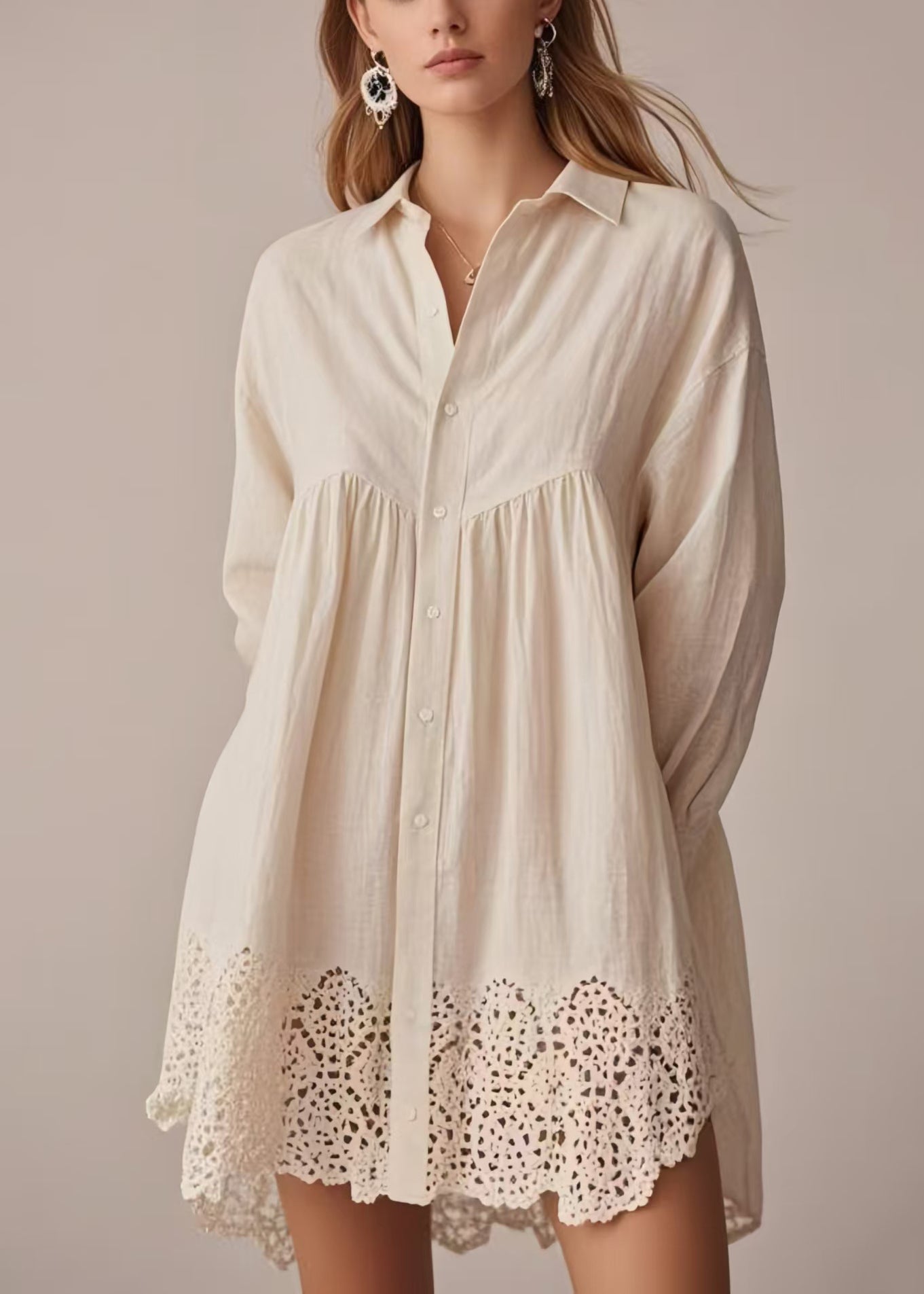 Bohemian Apricot Oversized Hollow Out Cotton Long Shirts Spring