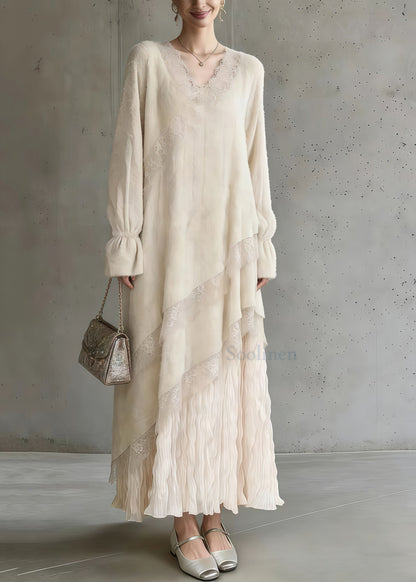 Apricot Oversized Patchwork Lace Maxi Dress Spring