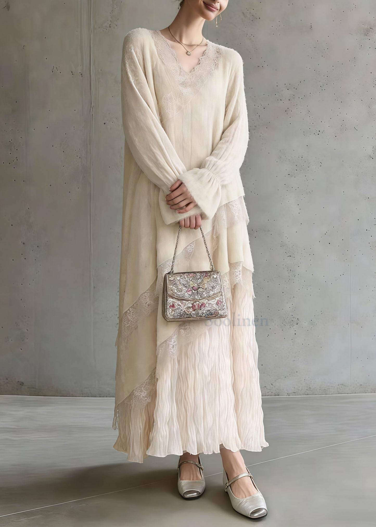 Apricot Oversized Patchwork Lace Maxi Dress Spring