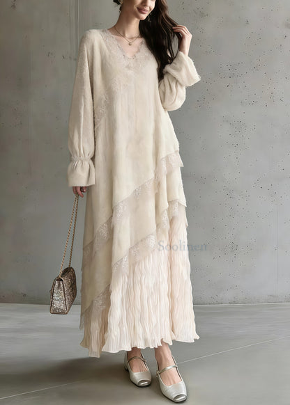 Apricot Oversized Patchwork Lace Maxi Dress Spring