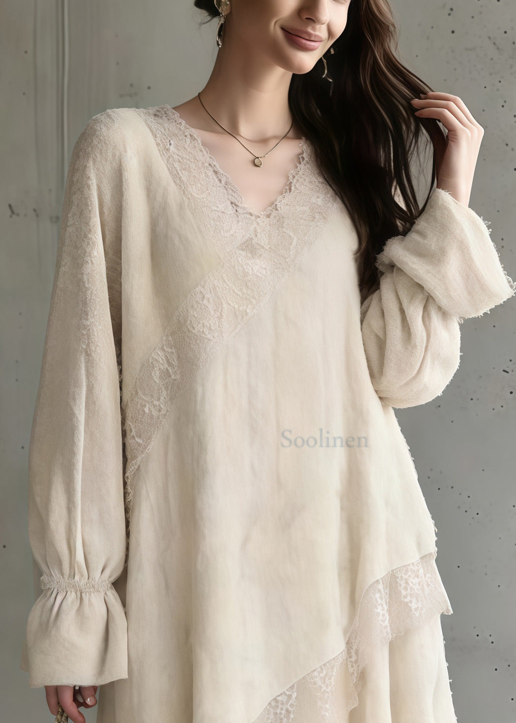 Apricot Oversized Patchwork Lace Maxi Dress Spring