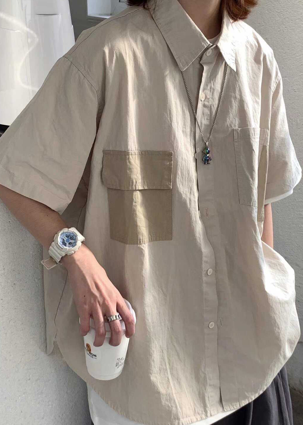 Apricot Peter Pan Collar Pockets Cotton Shirt Summer