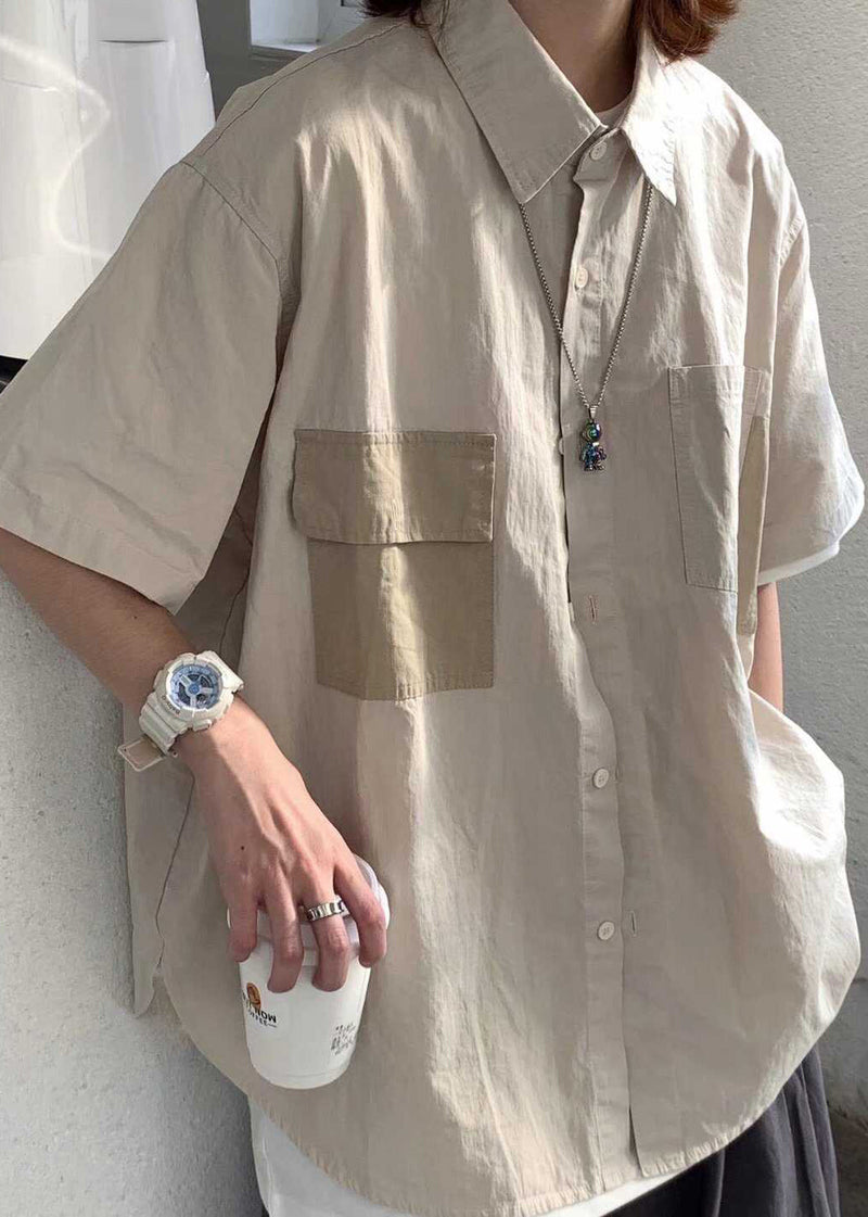 Apricot Peter Pan Collar Pockets Cotton Shirt Summer