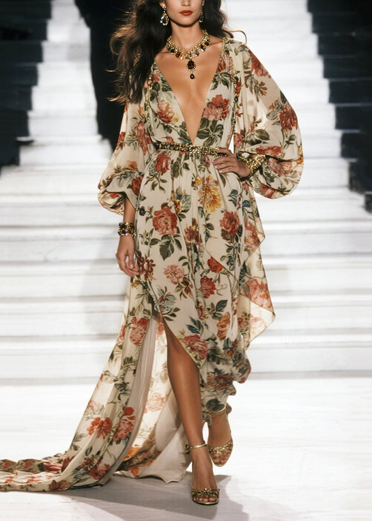 Apricot Print Exra Large Hem Chiffon Beach Dress Spring