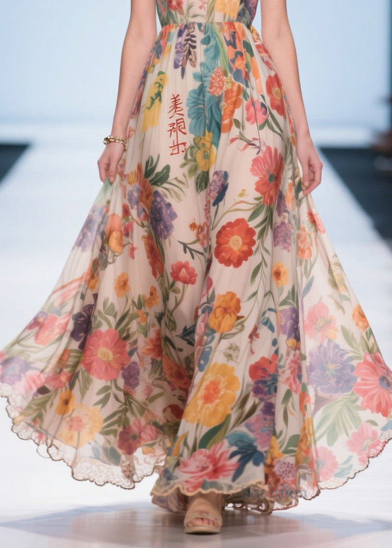 Apricot Print Exra Large Hem Chiffon Strapless Dress Summer